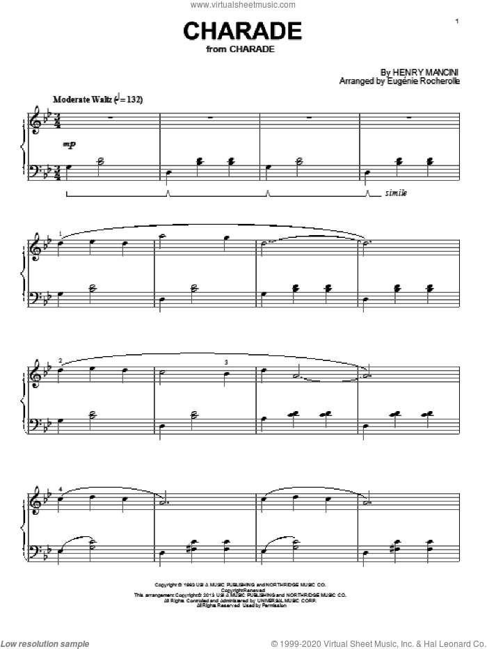 Charade sheet music for piano solo by Henry Mancini, intermediate skill level
