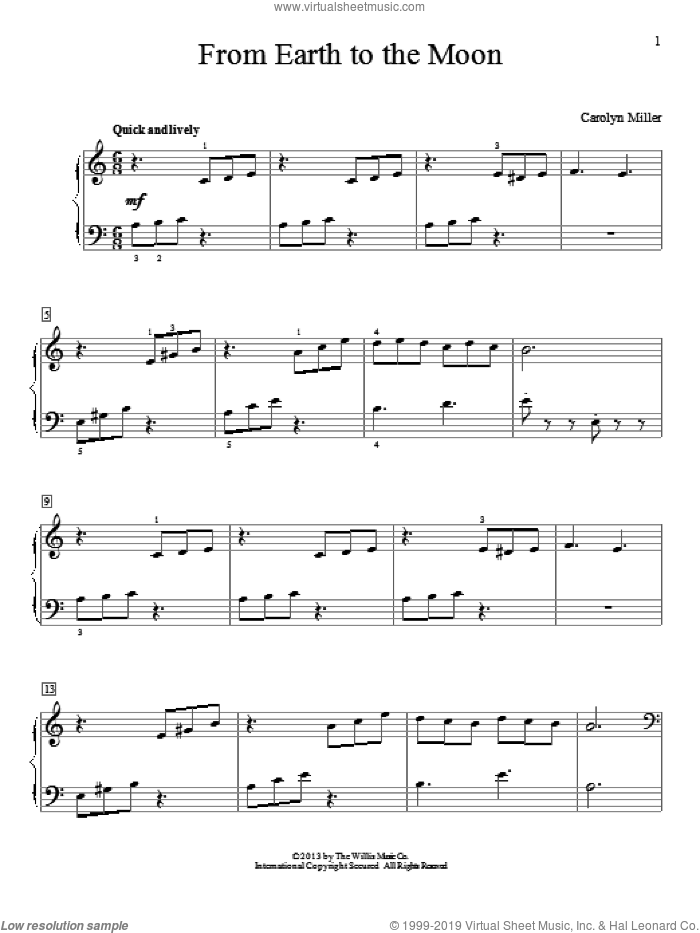 From Earth To The Moon sheet music for piano solo (elementary) by Carolyn Miller, classical score, beginner piano (elementary)