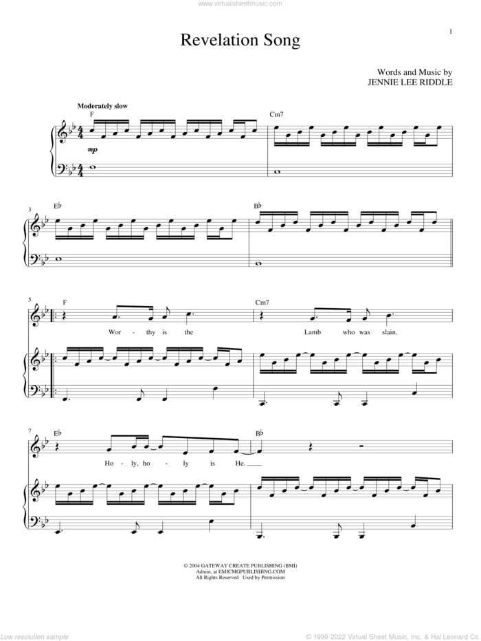 Revelation Song sheet music for voice and piano (High Voice) by Jennie Lee Riddle, intermediate skill level