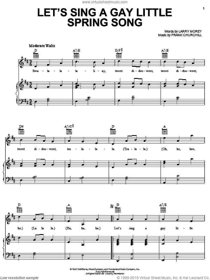 Let's Sing A Gay Little Spring Song sheet music for voice, piano or guitar by Larry Morey, Bambi II (Movie) and Frank Churchill, intermediate skill level