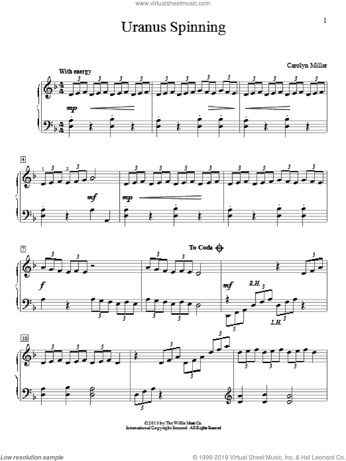 Uranus Spinning sheet music for piano solo (elementary) by Carolyn Miller, classical score, beginner piano (elementary)