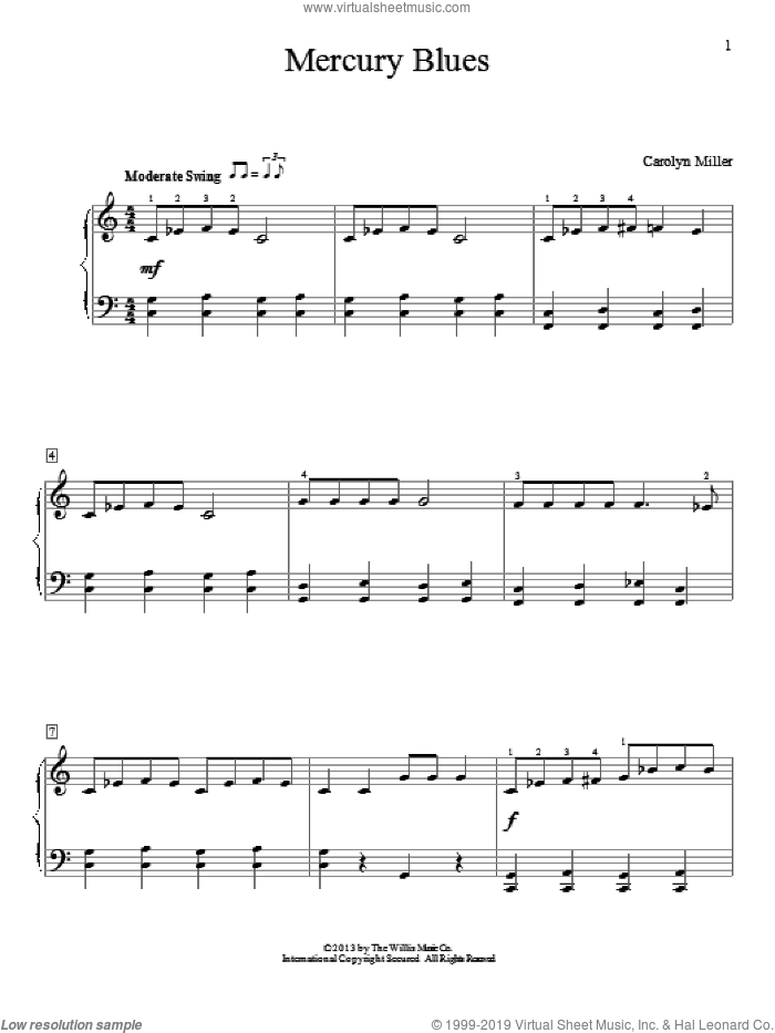 Mercury Blues sheet music for piano solo (elementary) by Carolyn Miller, beginner piano (elementary)