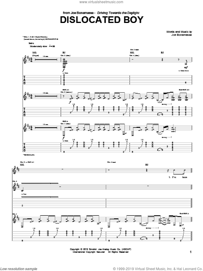 Dislocated Boy sheet music for guitar (tablature) by Joe Bonamassa, intermediate skill level