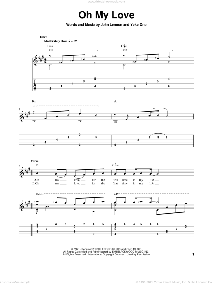 Oh My Love sheet music for guitar solo by John Lennon and The Beatles, classical score, intermediate skill level
