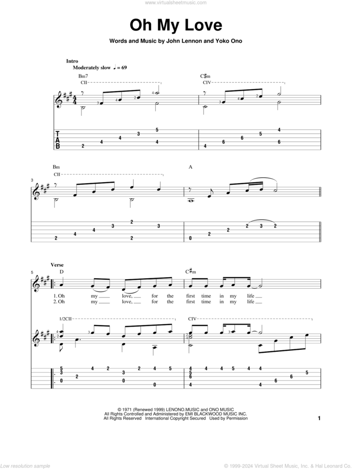 Oh My Love sheet music for guitar solo by John Lennon and The Beatles, classical score, intermediate skill level