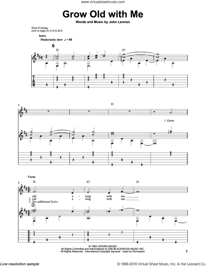 Grow Old With Me, (intermediate) sheet music for guitar solo by John Lennon and The Beatles, classical score, intermediate skill level