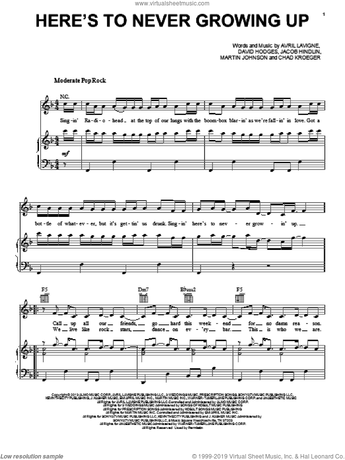 Here's To Never Growing Up sheet music for voice, piano or guitar by Avril Lavigne, intermediate skill level