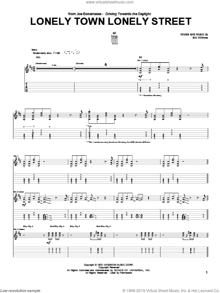Lonely Town Lonely Street sheet music for guitar (tablature) by Joe Bonamassa, intermediate skill level