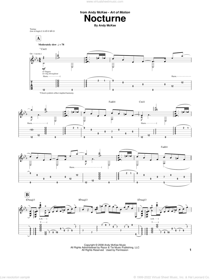 Nocturne sheet music for guitar (tablature) by Andy McKee, intermediate skill level