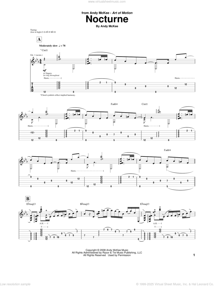 Nocturne sheet music for guitar (tablature) by Andy McKee, intermediate skill level