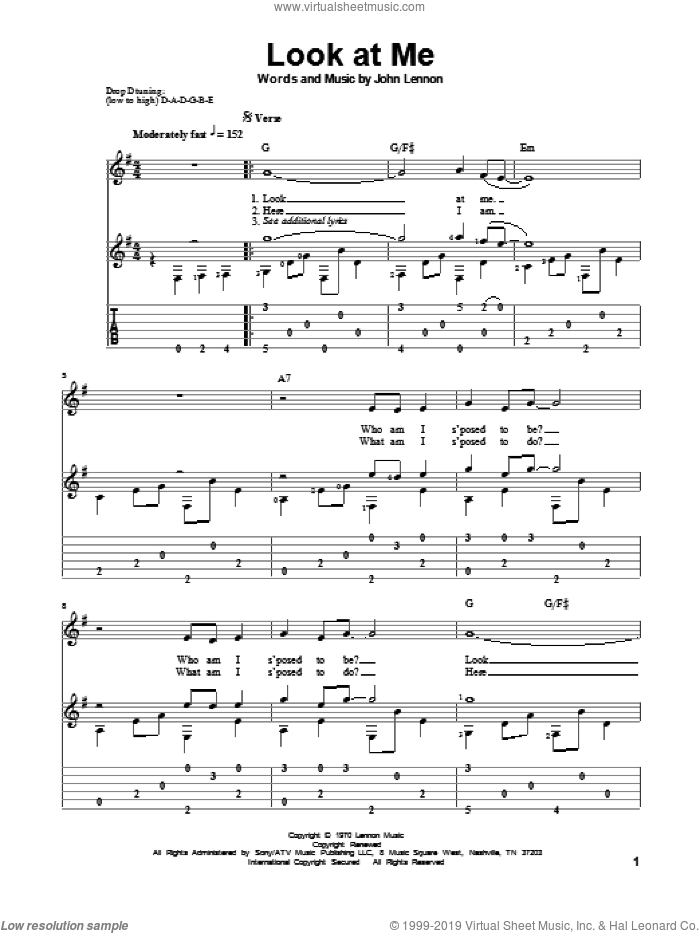 Look At Me sheet music for guitar solo by John Lennon and The Beatles, classical score, intermediate skill level