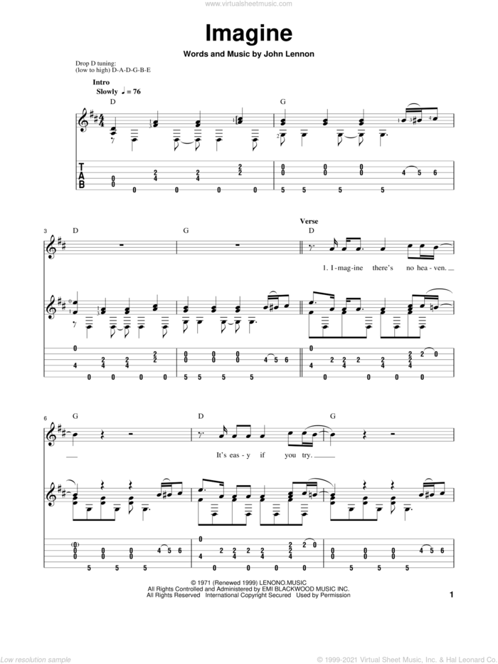 Imagine sheet music for guitar solo by John Lennon and The Beatles, classical score, intermediate skill level