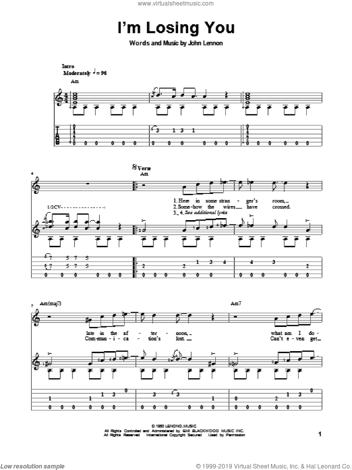 I'm Losing You sheet music for guitar solo by John Lennon and The Beatles, classical score, intermediate skill level