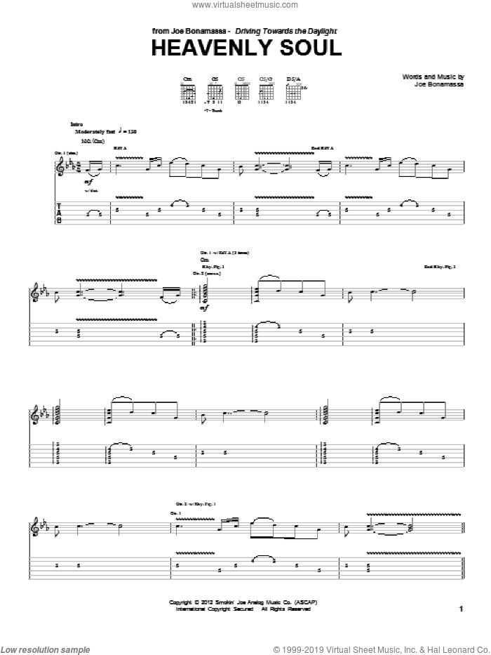 Heavenly Soul sheet music for guitar (tablature) by Joe Bonamassa, intermediate skill level