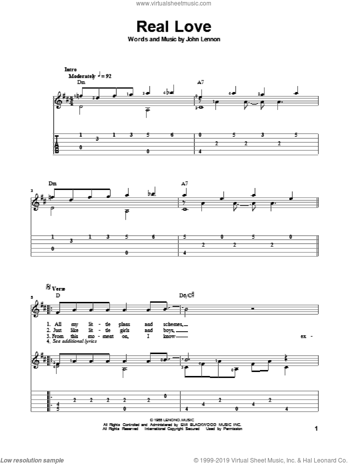 Real Love sheet music for guitar solo by John Lennon and The Beatles, classical score, intermediate skill level
