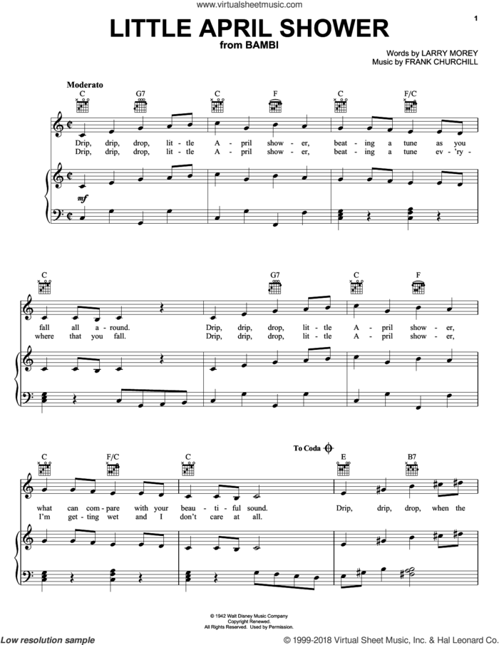 Little April Shower sheet music for voice, piano or guitar by Frank Churchill, Bambi II (Movie) and Larry Morey, intermediate skill level