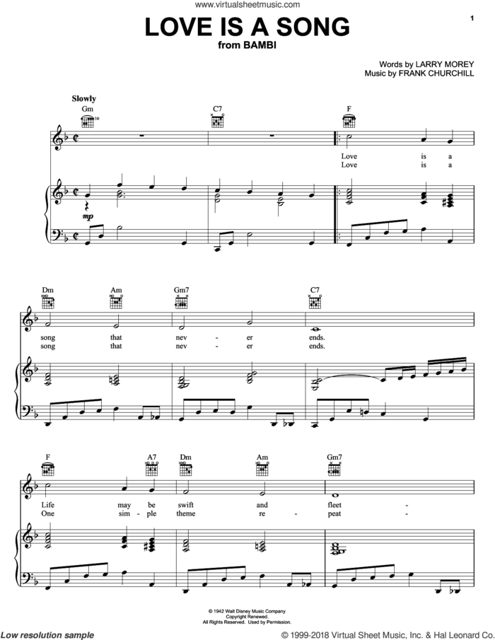 Love Is A Song (from Walt Disney's Bambi) sheet music for voice, piano or guitar by Larry Morey, Bambi II (Movie) and Frank Churchill, intermediate skill level