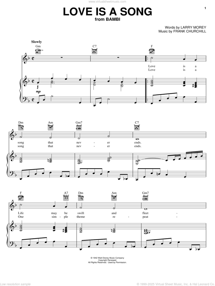 Love Is A Song (from Walt Disney's Bambi) sheet music for voice, piano or guitar by Larry Morey, Bambi II (Movie) and Frank Churchill, intermediate skill level