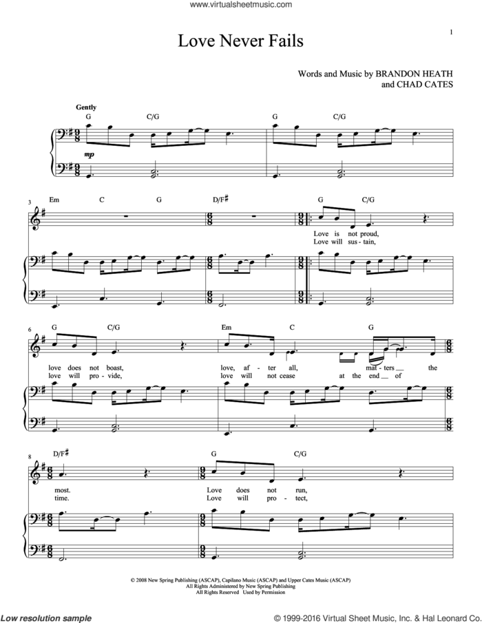 Love Never Fails sheet music for voice and piano (High Voice) by Brandon Heath and Chad Cates, wedding score, intermediate skill level