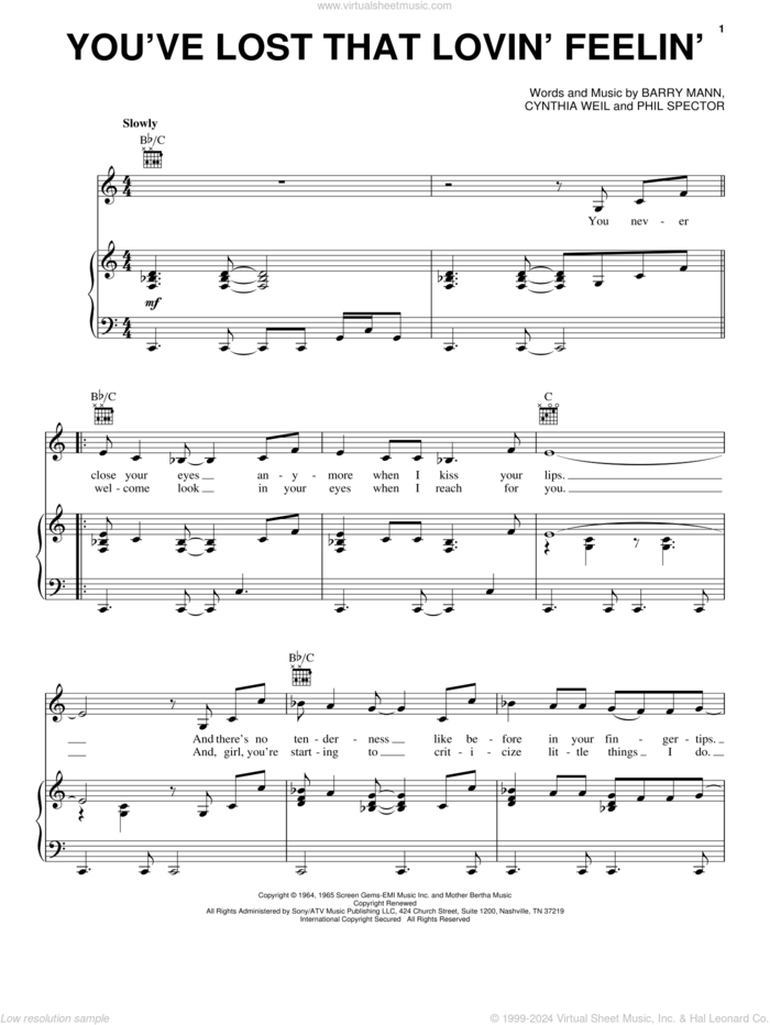 You've Lost That Lovin' Feelin' sheet music for voice, piano or guitar by Elvis Presley, The Righteous Brothers, Barry Mann, Cynthia Weil and Phil Spector, intermediate skill level