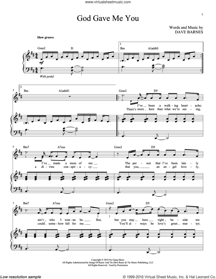 God Gave Me You sheet music for voice and piano (High Voice) by Blake Shelton and Dave Barnes, wedding score, intermediate skill level