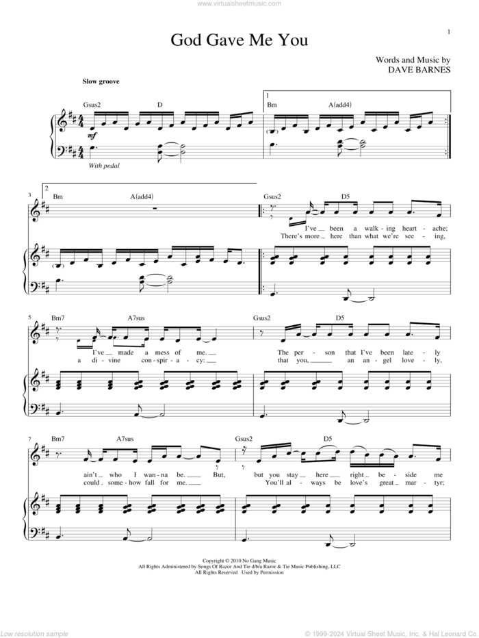 God Gave Me You sheet music for voice and piano (High Voice) by Blake Shelton and Dave Barnes, wedding score, intermediate skill level