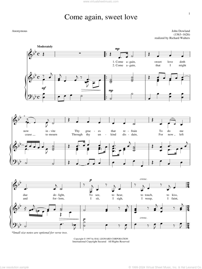 Come Again, Sweet Love (Dowland) sheet music for voice and piano by John Dowland, intermediate skill level