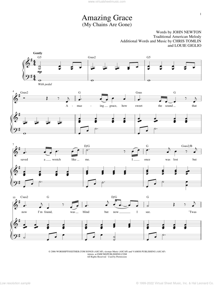 Amazing Grace (My Chains Are Gone) sheet music for voice and piano (High Voice) by Chris Tomlin, John Newton and Louie Giglio, intermediate skill level