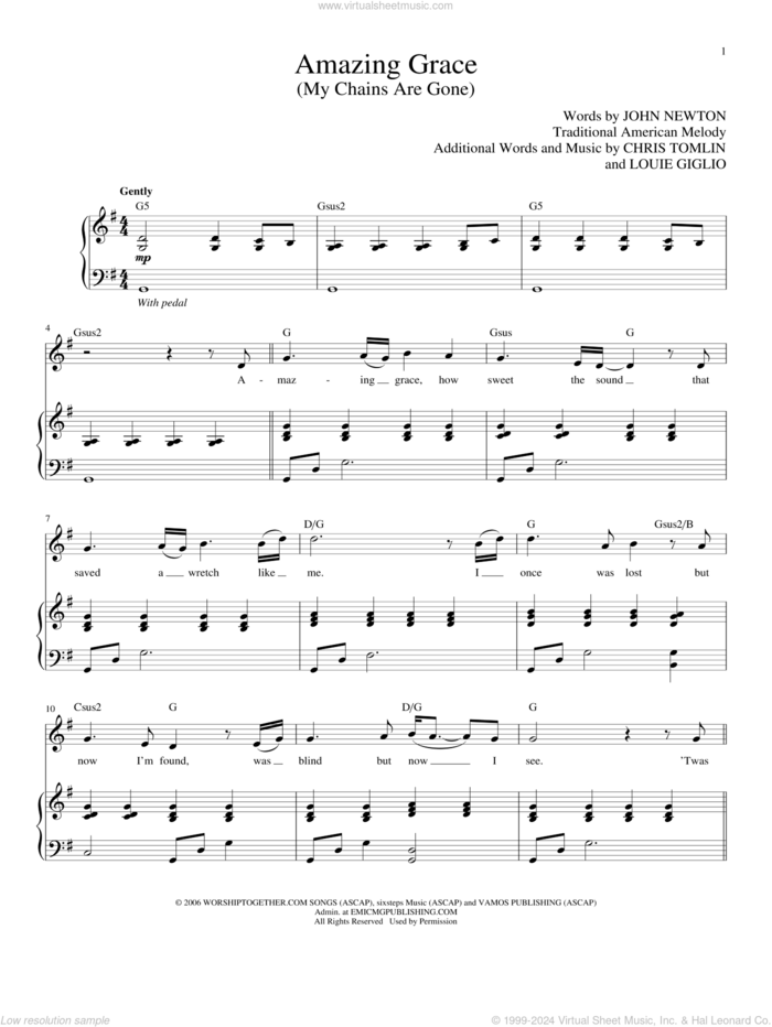 Amazing Grace (My Chains Are Gone) sheet music for voice and piano (High Voice) by Chris Tomlin, John Newton and Louie Giglio, intermediate skill level