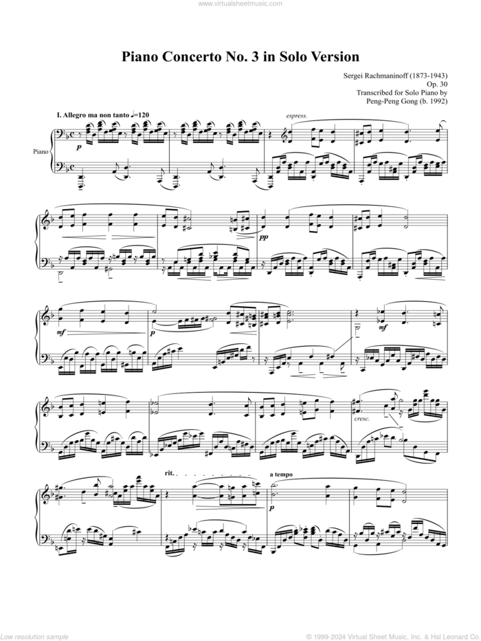 Piano Concerto No. 3 in Solo Version sheet music for piano solo by Serjeij Rachmaninoff and Peng-Peng Gong, classical score, intermediate skill level