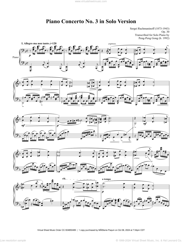 Piano Concerto No. 3 in Solo Version sheet music for piano solo by Serjeij Rachmaninoff and Peng-Peng Gong, classical score, intermediate skill level