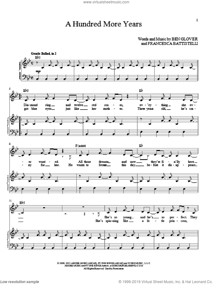A Hundred More Years sheet music for voice and piano (High Voice) by Ben Glover, wedding score, intermediate skill level