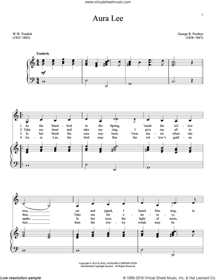 Aura Lee sheet music for voice and piano by W.W. Fosdick and George R. Poulton, intermediate skill level