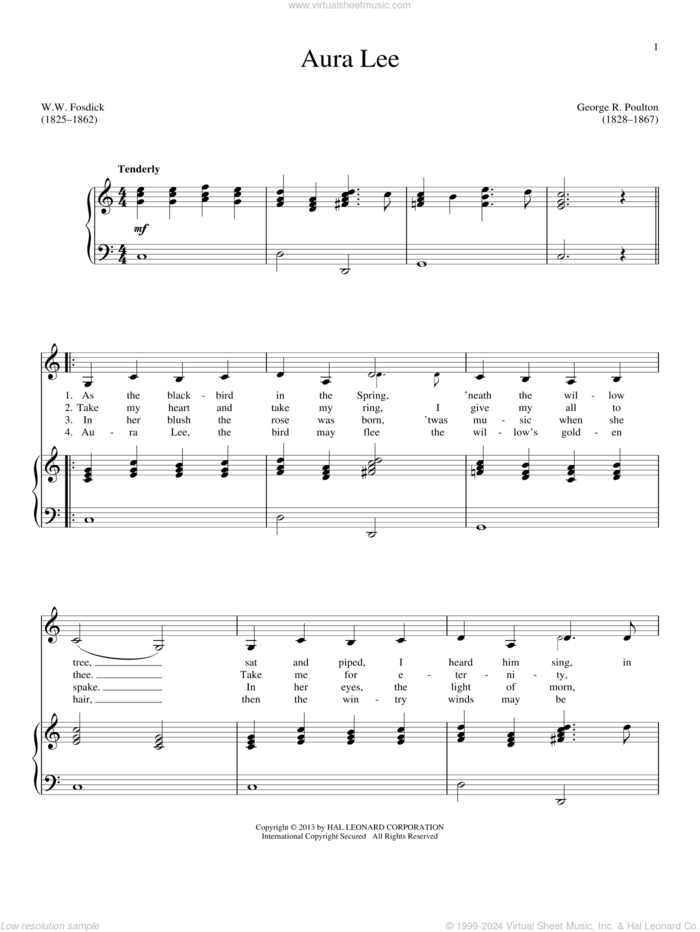 Aura Lee sheet music for voice and piano by W.W. Fosdick and George R. Poulton, intermediate skill level