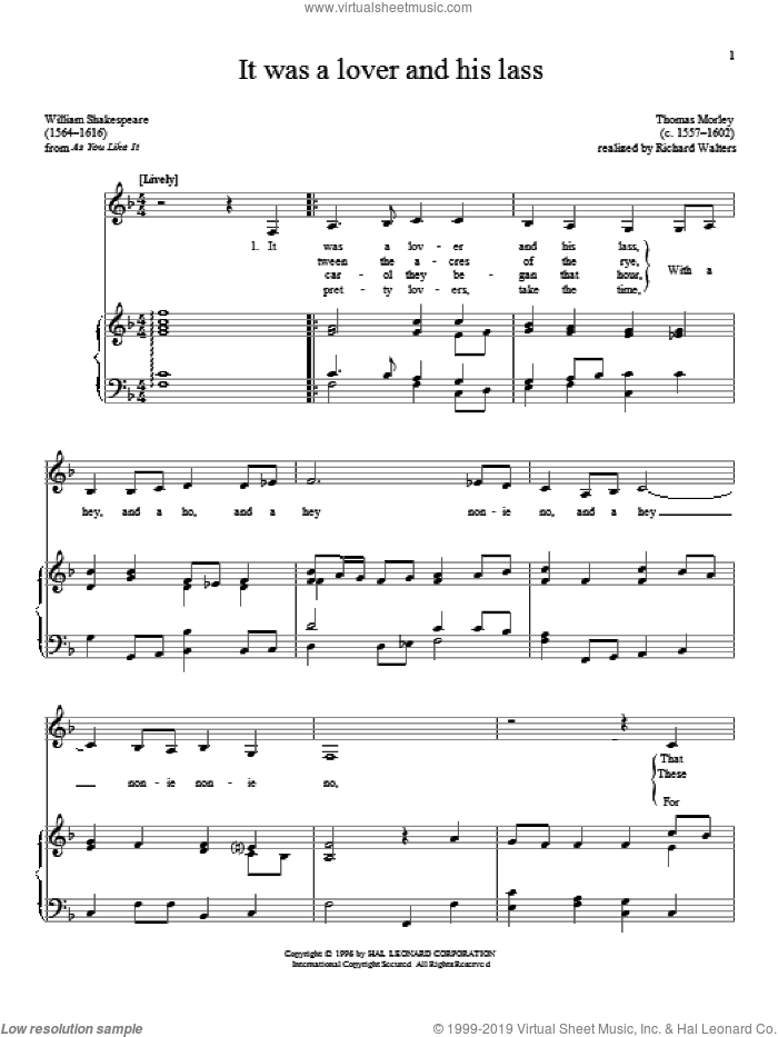 It Was A Lover And His Lass sheet music for voice and piano by William Shakespeare and Thomas Morley, classical score, intermediate skill level