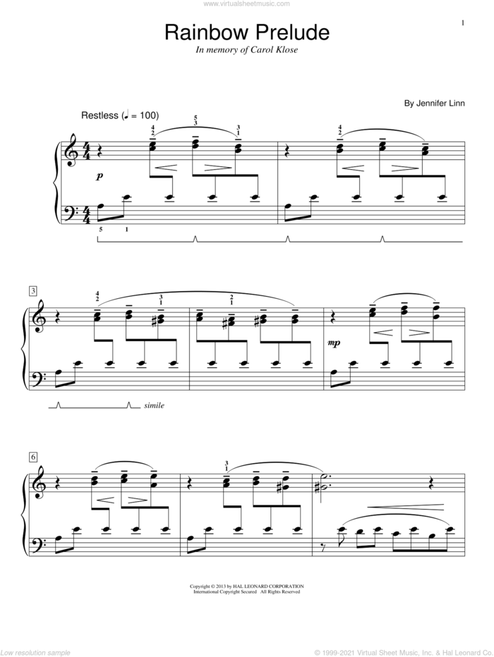 Rainbow Prelude sheet music for piano solo (elementary) by Jennifer Linn, classical score, beginner piano (elementary)