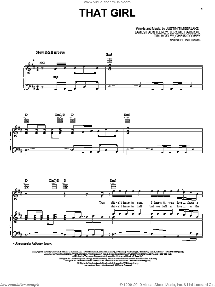 That Girl sheet music for voice, piano or guitar by Justin Timberlake, intermediate skill level