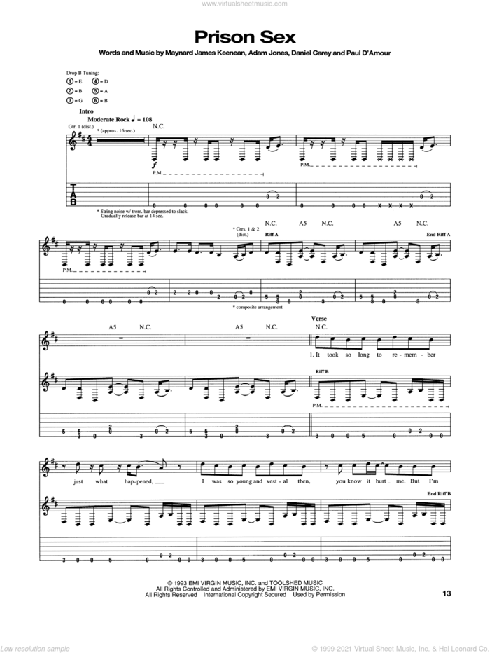 Prison Sex sheet music for guitar (tablature) by Tool, intermediate skill level