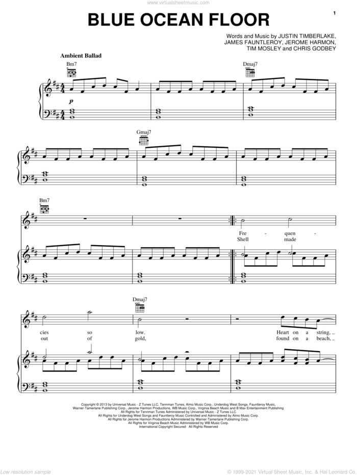 Blue Ocean Floor sheet music for voice, piano or guitar by Justin Timberlake, intermediate skill level