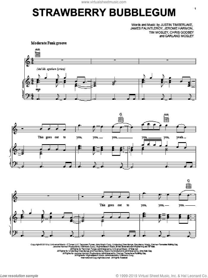 Strawberry Bubblegum sheet music for voice, piano or guitar by Justin Timberlake, intermediate skill level