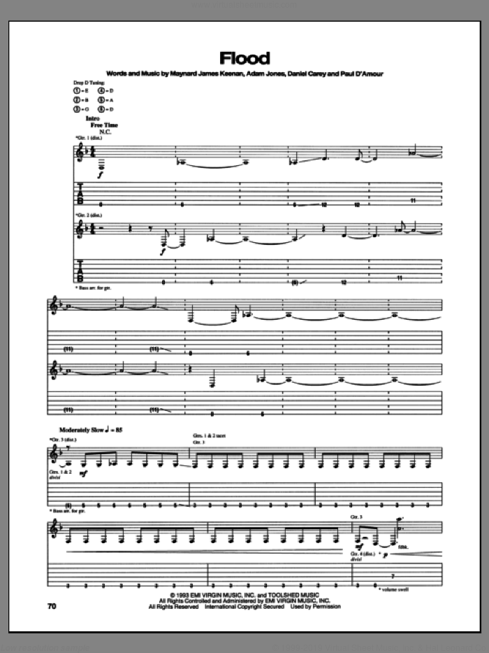 Flood sheet music for guitar (tablature) by Tool, intermediate skill level