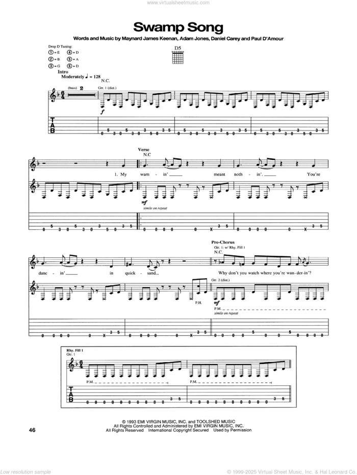 Swamp Song sheet music for guitar (tablature) by Tool, intermediate skill level