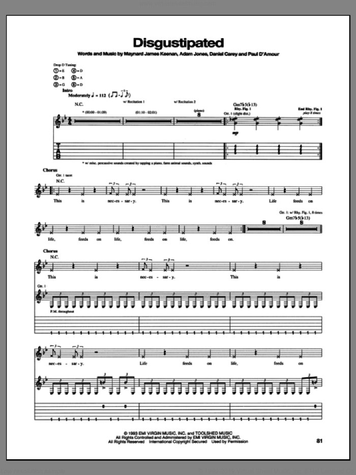 Disgustipated sheet music for guitar (tablature) by Tool, intermediate skill level