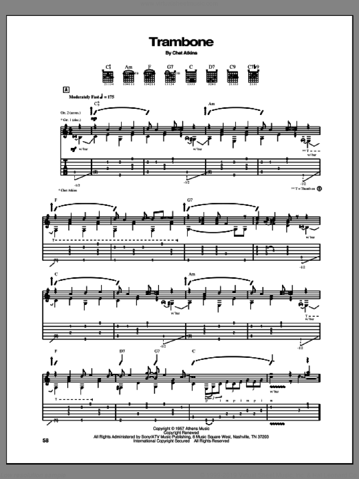 Trambone sheet music for guitar (tablature) by Chet Atkins, intermediate skill level