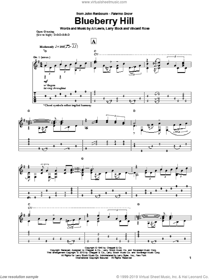 Blueberry Hill sheet music for guitar solo by John Renbourn and Fats Domino, intermediate skill level