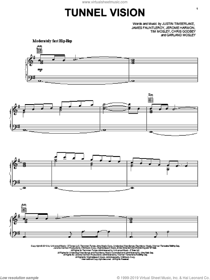 Tunnel Vision sheet music for voice, piano or guitar by Justin Timberlake, intermediate skill level