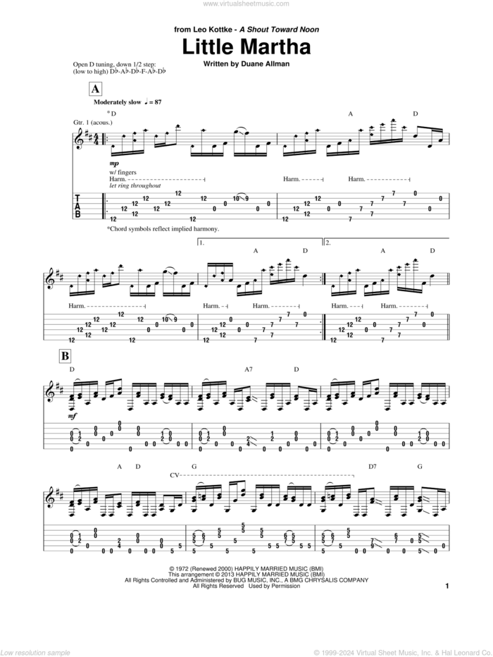 Little Martha sheet music for guitar solo by Leo Kottke and Duane Allman, intermediate skill level