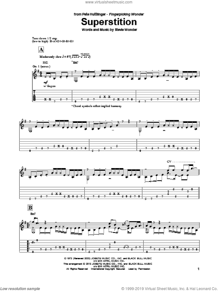 Superstition sheet music for guitar solo by Pete Huttlinger, Stevie Ray Vaughan and Stevie Wonder, intermediate skill level