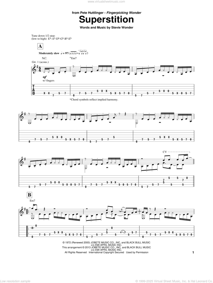 Superstition sheet music for guitar solo by Pete Huttlinger, Stevie Ray Vaughan and Stevie Wonder, intermediate skill level
