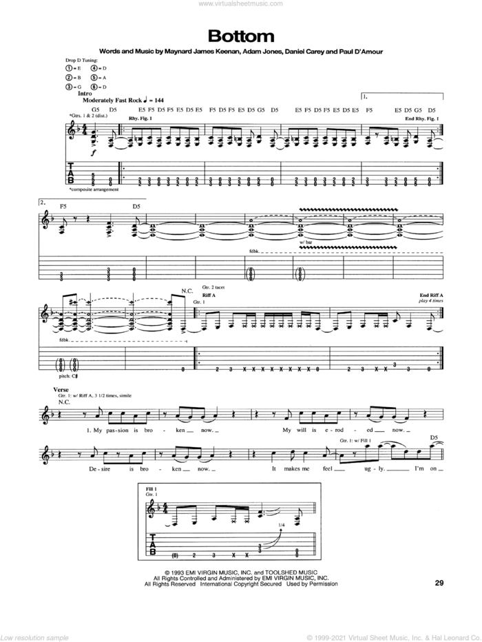 Bottom sheet music for guitar (tablature) by Tool, intermediate skill level